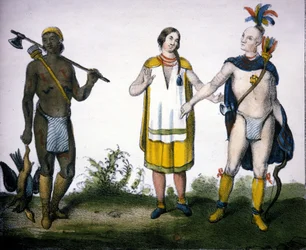 Die Indianer Kanadas: ein Jäger (Akadier), eine Frau und ein Krieger. Lithographie aus „Galleria Universale di tutti i popoli del mondo“, Mailand