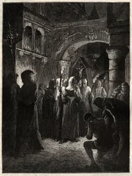 Der König von Frankreich Heinrich III. im weißen Büßergewand - Prozession der Bruderschaft, die vom König am 23.03.1585 eingesetzt wurde