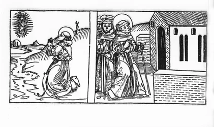 Das Leben des Heiligen Bernhard von Menthon (923 - 1008). Gravur aus „Leben der Heiligen - Sommerteil“ (Das Buch der Heiligen) von Jacobus (James) von Voragine (1228-1298). Lübeck 1488.