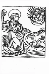 Das Leben des Heiligen Bernhard de Menthon (923 - 1008). Gravur aus „Leben der Heiligen - sommerteil“ (Das Buch der Heiligen) von Jacobus (James) von Voragine (1228-1298). Lübeck 1488