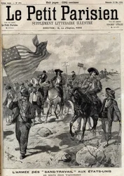 Die „No Work“-Armee in den Vereinigten Staaten auf dem Weg nach Washington. Im April fanden Streiks in Pennsylvania und Ohio statt, und eine Armee arbeitsloser Männer unter der Führung von Jacob Coxey marschierte nach Washington, um Arbeit zu fordern. Grav