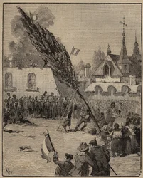 Die Pflanzung eines Freiheitsbaums während der Revolution (Freiheitspol) - Pflanzung eines Freiheitsbaums (Pappel) in Frankreich. Gravur von 1885 in „Les arts et métiers illustrés“ von Adolphe Bitard.