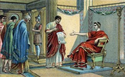 Der römische Kaiser Konstantin (272-337) erließ die ersten religiösen Gesetze zur Gleichstellung der Glaubensrichtungen. Chromolithographie aus dem späten 19. Jahrhundert