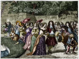 Der Sonnenkönig (Ludwig XIV. in den Gärten von Versailles umgeben von seinem Hof). Gravur des 19. Jahrhunderts.