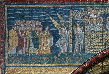 Die Vision des himmlischen Jerusalem: Die Auserwählten bewegen sich auf die von Engeln bewachte Stadt zu. Detail