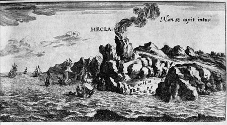 Der Vulkan Hekla an der Küste Islands - in Mundi Mirabilis Oeconomia von Johamm Zahn, sd. 1696.