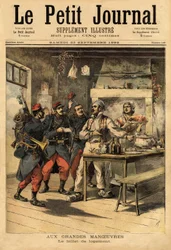 Das Unterkunftsticket, das von der Armee an ihre Soldaten im Feld ausgegeben wird, um Unterkunft von Zivilisten zu verlangen. Gravur in „Le petit journal“ 23/09/1893. Sammlung Selva