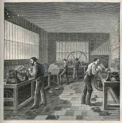Die Kunst des Drehens: Metallarbeit in einer Werkstatt eines Dreher-Repellers. Gravur von 1885 in „Les arts et métiers illustrés“ von Adolphe Bitard.