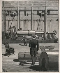 Die Kunst des Drehens: Schießen eines Stahlmonstergeschützes. Gravur von 1885 in „Les arts et métiers illustrés“ von Adolphe Bitard.