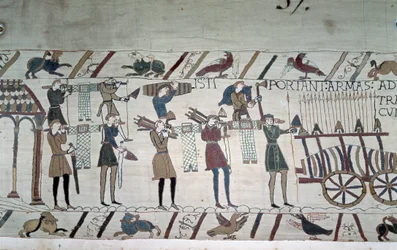 Die Schlacht zwischen den englischen Infanteristen (Harolds Truppen) und den normannischen Reitern (Guillaumes Truppen) - Teppich von Bayeux, bekannt als Stickerei der Königin Mathilde