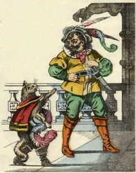 Der gestiefelte Kater trifft den Oger. Illustration des Märchens „Der gestiefelte Kater“ von Charles Perrault.