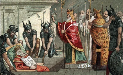 Die Beerdigung von Karl dem Großen im Jahr 814 in der Kathedrale von Aachen in Deutschland. Chromolithographie aus dem späten 19. Jahrhundert.