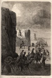 Die Karawane der Hadschis (muslimische Pilger) in Korantaghi (Persien, Iran). Zeichnung von Emile Bayard, zur Illustration der Reise nach Zentralasien im Jahr 1863 von Arminius Vambery (ungarischer Wissenschaftler verkleidet als Derwisch). Gravur in „Le to