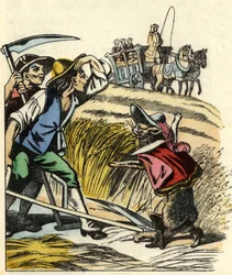 Der Kater zwingt die Bauern zu sagen, dass das Feld, auf dem sie Weizen mähen, dem Marquis de Carabas gehört. Illustration aus Charles Perraults Märchen „Der gestiefelte Kater“