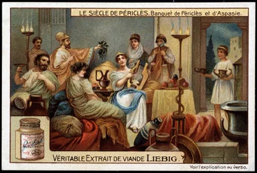 Das Zeitalter des Perikles (495-429 v. Chr.): Bankett von Perikles und Aspasie (470-400 v. Chr.) - Liebig Chromolithographie
