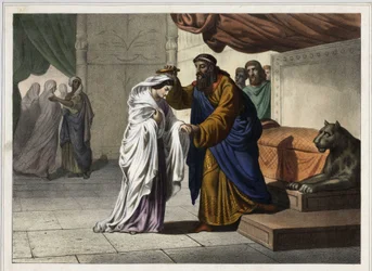 Die Krönung von Esther: Der persische König Assuerus I. (Xerxes I.) krönt seine Frau Esther. Anonyme Gravur des 19. Jahrhunderts.