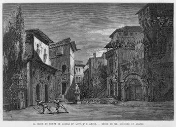 Der Tod des Grafen von Gormas, Vater von Chimene, getötet vom Cid während eines Duells. Illustration der Oper „Le Cid“ von Jules Massenet, nach dem Stück von Pierre Corneille und dem Gedicht von Guillen de Castro. Gravur des 19. Jahrhunderts