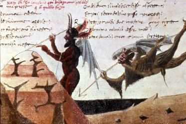 Die Teufel in einem Kreis der Hölle nach einer handschriftlichen Ausgabe der Divina Commedia (Göttliche Komödie) von Dante Alighieri (1265 - 1321) aus dem 14. Jahrhundert. Bibl.Trivulziana Mailand.