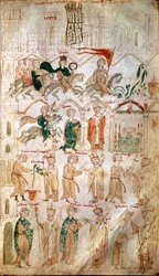 Der Einzug von Heinrich VI. des Heiligen Römischen Reiches (1165-1197) in Rom und seine Krönung zum Kaiser am 14.04.1191 durch Papst Celestin III. Seite aus „Liber ad honorem Augusti“ von Pietro da Eboli (Peter von Eboli) - (Codex 120, fol 105) 13. Jahrhun