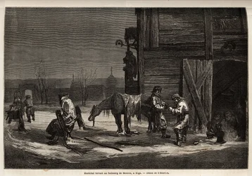 Der Hufschmied, in einem Vorort von Moskau. Zeichnung von Henriet zur Illustration seiner Reise in die russischen Ostseeprovinzen in den Jahren 1851-54. Gravur in „Le tour du monde“, herausgegeben von Edouard Charton