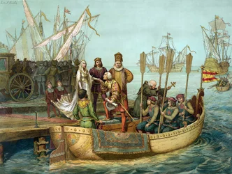 Die erste Reise: Christoph Kolumbus begrüßt Königin Isabella von Kastilien im Hafen von Palos vor der Abreise 1492. Gravur 19. Jahrhundert