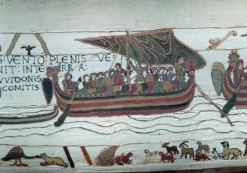 Die Flotte von Harold, die dem Herzog von Normandie Wilhelm dem Eroberer (1027-1087) mitteilen wollte, dass er Nachfolger der Krone von England nach dem Tod von Eduard dem Bekenner wird, wird in einem Sturm gefangen, der sie an die Küsten von Graf Guy de P