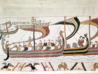 Die Flotte von Wilhelm I. dem Eroberer (1027 - 1087) auf dem Weg nach England - Bayeux-Tapete, bekannt als Stickerei der Königin Mathilde