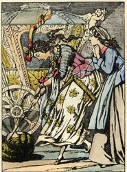 Die gute Fee verwandelt vor Aschenputtels Augen den Kürbis in eine Kutsche. Illustration zu Charles Perraults Märchen „Aschenputtel oder Der kleine gläserne Pantoffel“