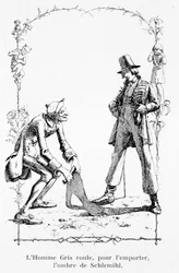 Der graue Mann rollt den Schatten Schlemihls zusammen, um ihn zu gewinnen - in "Die wundersame Geschichte des Peter Schlemihl" von Adelbert von Chamisso