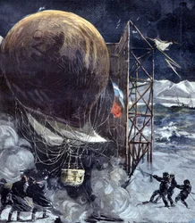 Der Wasserstoffballon Oernen (Aquila) des schwedischen Ingenieurs Solomon Andrée (1854 - 1897) während eines Schneesturms auf einer Insel in Dänemark, kurz vor der Abreise zum Nordpol, einer Expedition, die verloren gehen wird. 1897