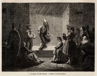 Der Zitterer in einem Tanzcafé, Zeichnung von Durand Brager, zur Illustration eines Ausflugs in die armen Londoner Viertel im Jahr 1862 von L. Simonin. Gravur in „Le tour du monde“, herausgegeben von Edouard Charton