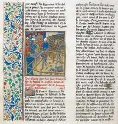 Der gerichtliche Zweikampf zwischen Jacques le Gris und Jean de Carrouges. Florale Bordüre.