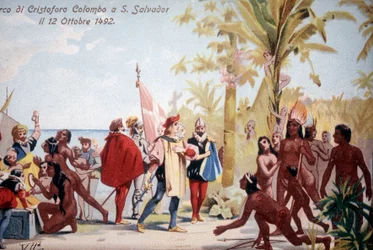 Die Landung von Christoph Kolumbus in San Salvador (Bahamas) am 12.10.1492. Chromolithographie 19. Jahrhundert.