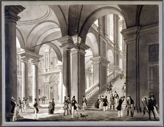Die große Treppe von Brera. Aquatinta von Giovanni Migliara, um 1820