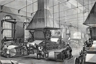 Der Maschinenraum einer Papierfabrik. Gravur