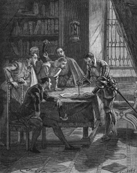 Der Marschall von Vieilleville steckt seinen Dolch in ein Patent, durch das der König von Frankreich Heinrich II. (1519-1559) ihm und den fünf anwesenden Herren das Recht zur Beschlagnahme aller Wucherer und Lutheraner von Guienne, Limousin, Quercy und S