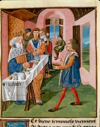 Das Mahl des Königs von Sizilien, Arthagogles. Miniatur aus 