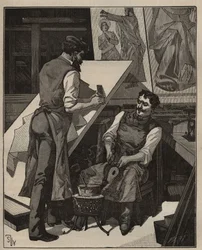 Die Mosaik: Mosaikwerkstatt. Gravur von 1885 in „Les arts et métiers illustrés“ von Adolphe Bitard.