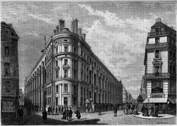 Das neue Hotel des Postes de la Rue du Louvre in Paris nach seinem Wiederaufbau. Gravur im Journal „La jeunesse“.