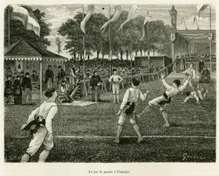 Das Palmspiel in Franeker (Niederlande). Gravur zur Illustration der Geschichte La Frise, basierend auf einem Bericht einer niederländischen Zeitung, in Le Tour du monde 1886, unter der Leitung von Edouard Charton (1807-1890), Hachette, Paris.