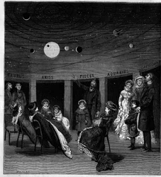 Das Planetarium von N. Perini, italienischer Astronom. Gravur in „La Nature: revue des sciences et de leurs applications aux arts et a l