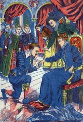 Der Prinz probiert den Eselring an. Anonyme Illustration für „Eselshaut“, Märchen von Charles Perrault (1628-1703), französischer Schriftsteller. Bild von Marcel Vagne, Jarville Nancy, undatiert (spätes 19. Jahrhundert)
