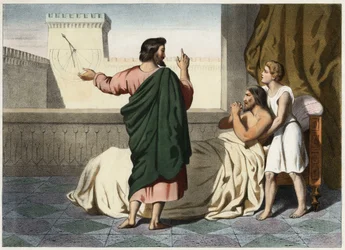 Der Prophet Jesaja (oder Jesaja) kündigt seine Heilung Ezechias an: Das Zeichen wird sein, den Schatten der Uhr um zehn Grad auf dem Zifferblatt von Ahas (Achas) zurückzudrängen. Anonyme Gravur aus der Mitte des 19. Jahrhunderts.