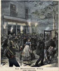 Das Restaurant Very (24 Boulevard Magenta in Paris) nach der Explosion durch den Anschlag des Anarchisten Francois Koenigstein alias Ravachol (1859 - 1892) am 30. März 1892. In „Le Petit Journal“