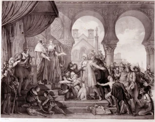 Die Rückkehr von Christoph Kolumbus nach Spanien vor König Ferdinand II. von Aragon und Isabella I. von Kastilien (genannt die Katholische) nach der Entdeckung Amerikas. Gravur des 19. Jahrhunderts.