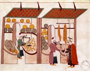 Der Laden des Händlers der vier Jahreszeiten. Miniatur aus einem Manuskript Cicogna des 19. Jahrhunderts (1828) nach einem Original des 17. Jahrhunderts (1671)