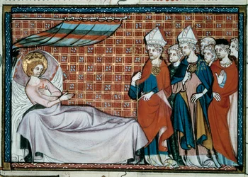 Der kranke König von Frankreich Saint Louis (Louis IX) (1214-1270) spricht zu seinen Verwandten und dem Klerus. Miniatur aus einem Manuskript „Leben und Wunder des heiligen Louis“ von Wilhelm von Saint Pathus