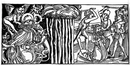 Die Versuchungen des heiligen Antonius des Großen (oder des heiligen Antonius des Einsiedlers oder des heiligen Antonius des Abtes), und rechts sein Martyrium nach. Stich aus „Leben der Heiligen - Sommerteil“ (Das Buch der Heiligen) von Jacobus (Jakob) von