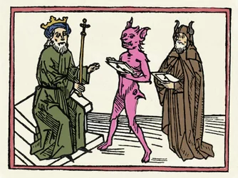 Der Prozess gegen Belial: „Der Dämon Belial legt Richter Salomo seine Beglaubigungsschreiben vor“. „Stich aus ‚Der Prozess gegen Belial‘“ von Jacobus de Teramo (oder Palladino), Augsburg