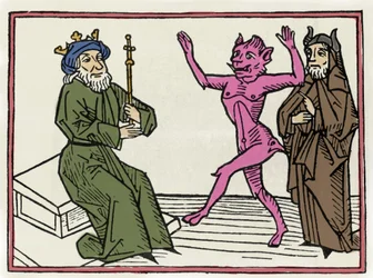 Der Prozess gegen Belial: „Der Dämon Belial tanzt vor Richter Salomo“. Kupferstich aus „Der Prozess gegen Belial“ von Jacobus de Teramo oder Palladino, Augsburg